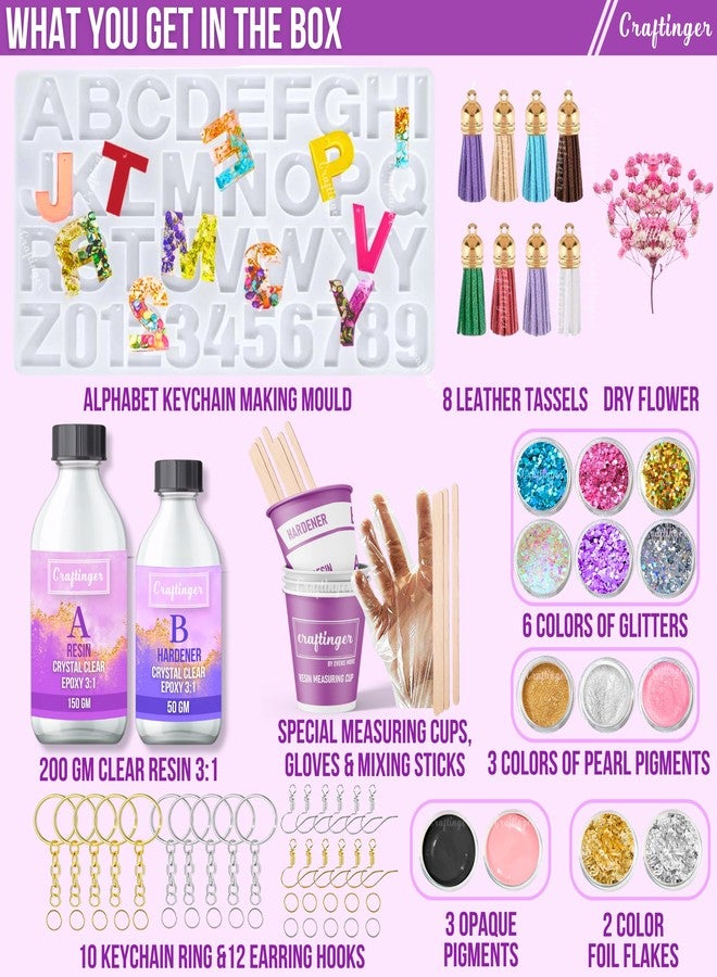 Craftinger Resin Art pro Alphabet Keychain Making Kit with 200gm Epoxy Resin & Mould, Tassels Glitter Pigments and More - Image 2